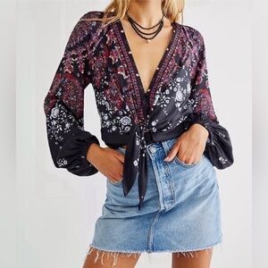 Free People Run Free Printed Tunic Blouse Black Night Combo Size XS NWT Whimsy